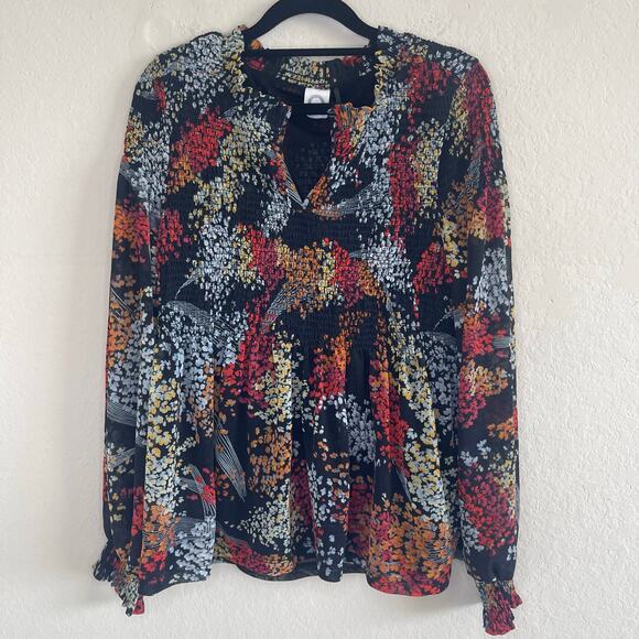 Anthropologie Akemi + Kin Adria Smocked Floral Top Black Multicolor - Size M - Picture 4 of 8